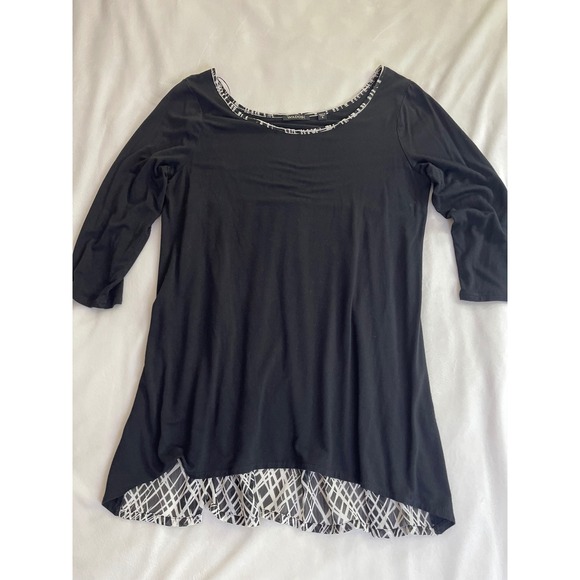 Wados Tops - Wados Womens Black Mixed Media Geometric Print Tunic Top 3/4 Sleeve Small